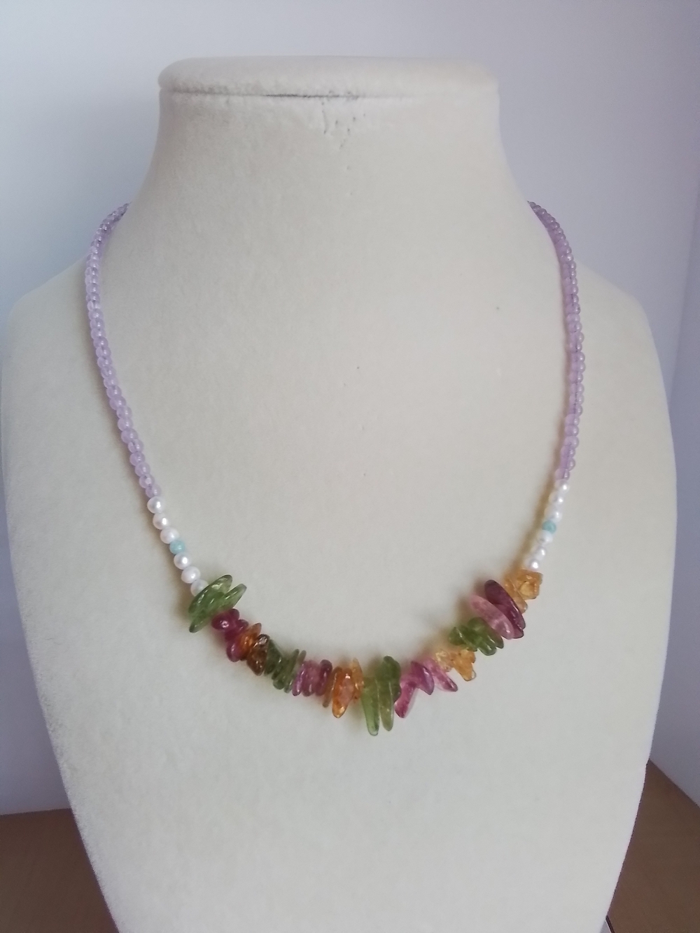 Handcrafted Multicolor Tourmaline Chip Necklace - Lavender Beaded Strand